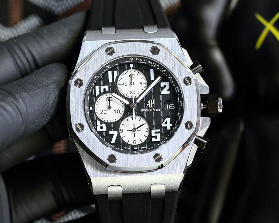 Audemars Piguet AP Royal Oak Coated glass Size 42mm14mm Water-resistant Tape with original pin buckle AP Movement Japanese multifunctional quartz Octagonal brushed steel case with mesh face Cold and hegemonic A different