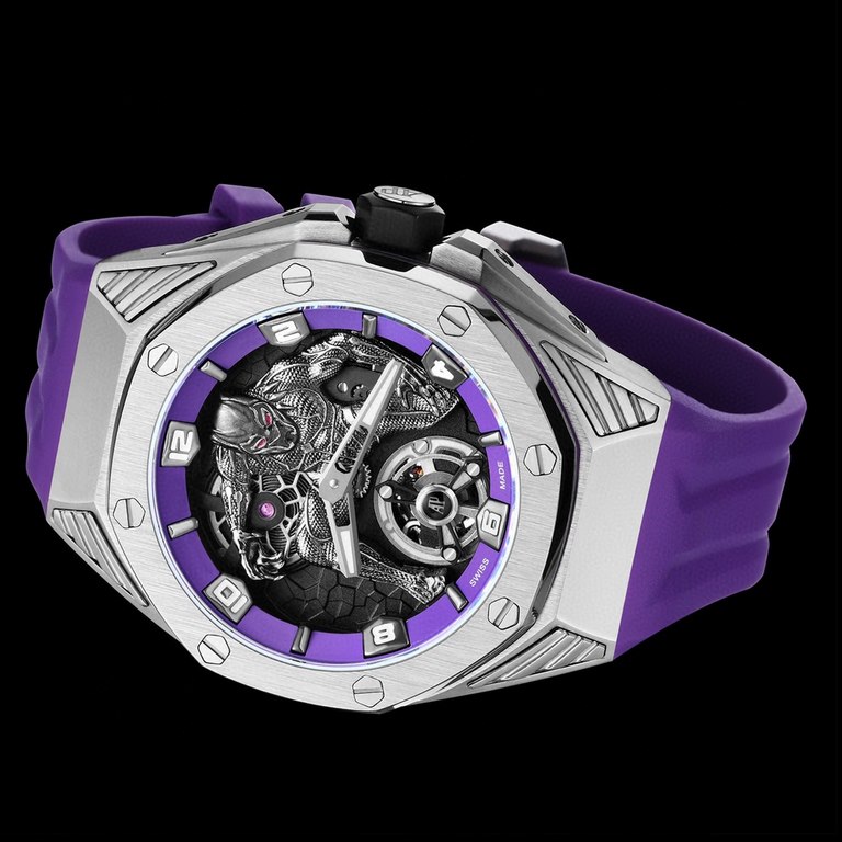 Audemars Piguet AP and Marvel's 26620 Black Panther, officially sold for $10,000 on the secondary market, is a 250-piece limited edition of the Royal Oak Concept Black Panther floating tourbillon, enhanced by a purple co