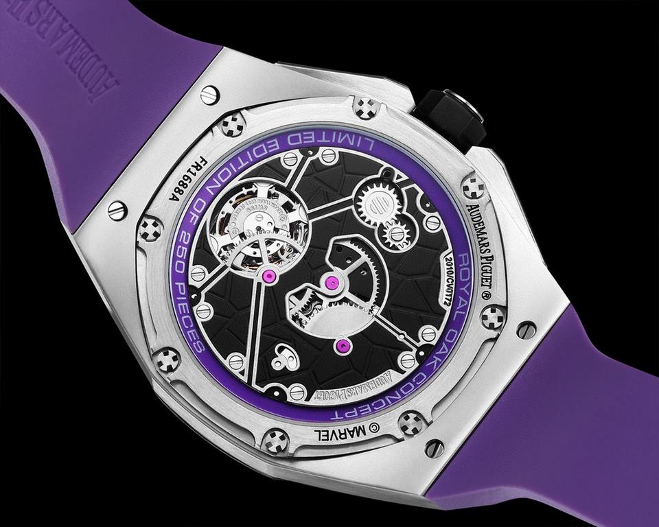 Audemars Piguet AP and Marvel's 26620 Black Panther, officially sold for $10,000 on the secondary market, is a 250-piece limited edition of the Royal Oak Concept Black Panther floating tourbillon, enhanced by a purple co