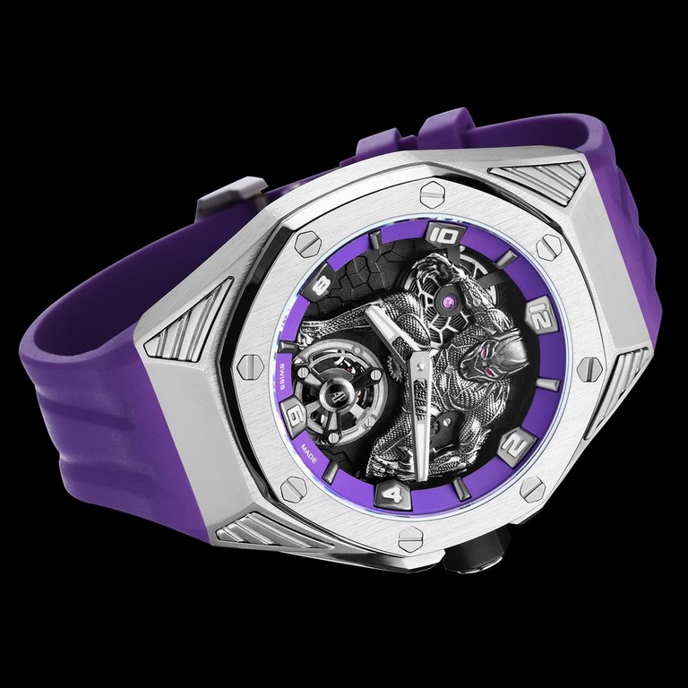 Audemars Piguet AP and Marvel's 26620 Black Panther, officially sold for $10,000 on the secondary market, is a 250-piece limited edition of the Royal Oak Concept Black Panther floating tourbillon, enhanced by a purple co