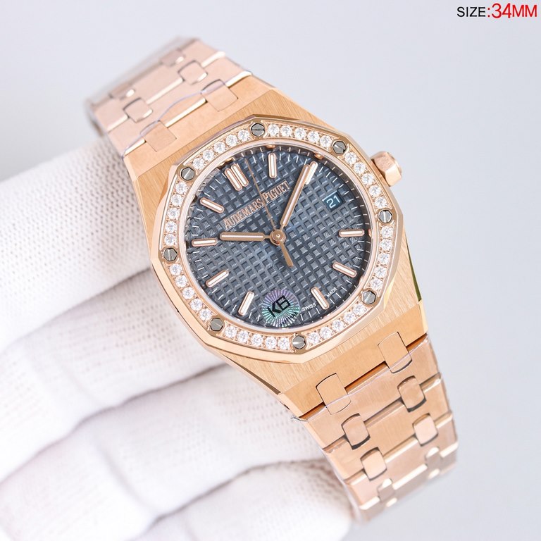 )The latest women's AP Audemars Piguet Royal Oak model 77350 77351 mechanical watch! Diameter 34 mm. Self-winding Calibre 5800 movement with automatic oscillating weight in pink gold specially designed for this model (ze