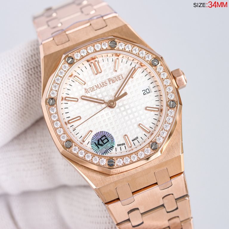 )The latest women's AP Audemars Piguet Royal Oak model 77350 77351 mechanical watch! Diameter 34 mm. Self-winding Calibre 5800 movement with automatic oscillating weight in pink gold specially designed for this model (ze