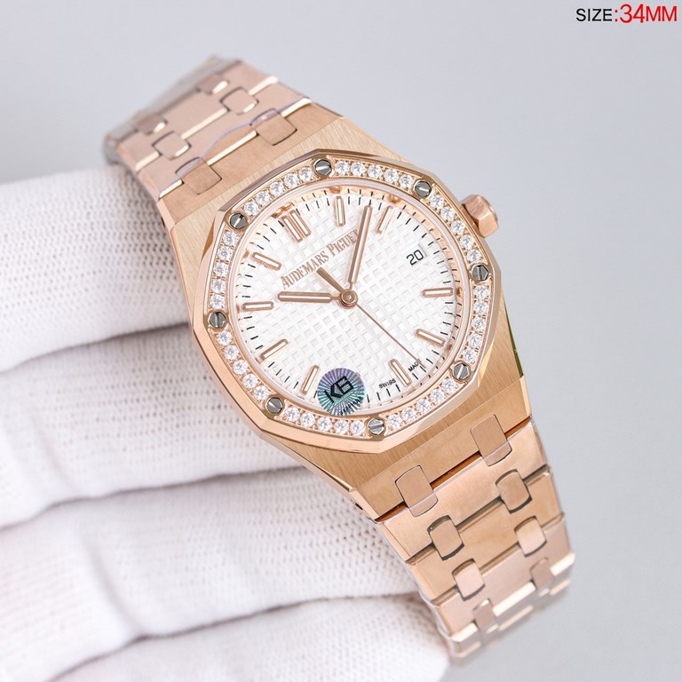 )The latest women's AP Audemars Piguet Royal Oak model 77350 77351 mechanical watch! Diameter 34 mm. Self-winding Calibre 5800 movement with automatic oscillating weight in pink gold specially designed for this model (ze