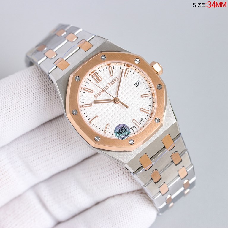 )The latest women's AP Audemars Piguet Royal Oak model 77350 77351 mechanical watch! Diameter 34 mm. Self-winding Calibre 5800 movement with automatic oscillating weight in pink gold specially designed for this model (ze