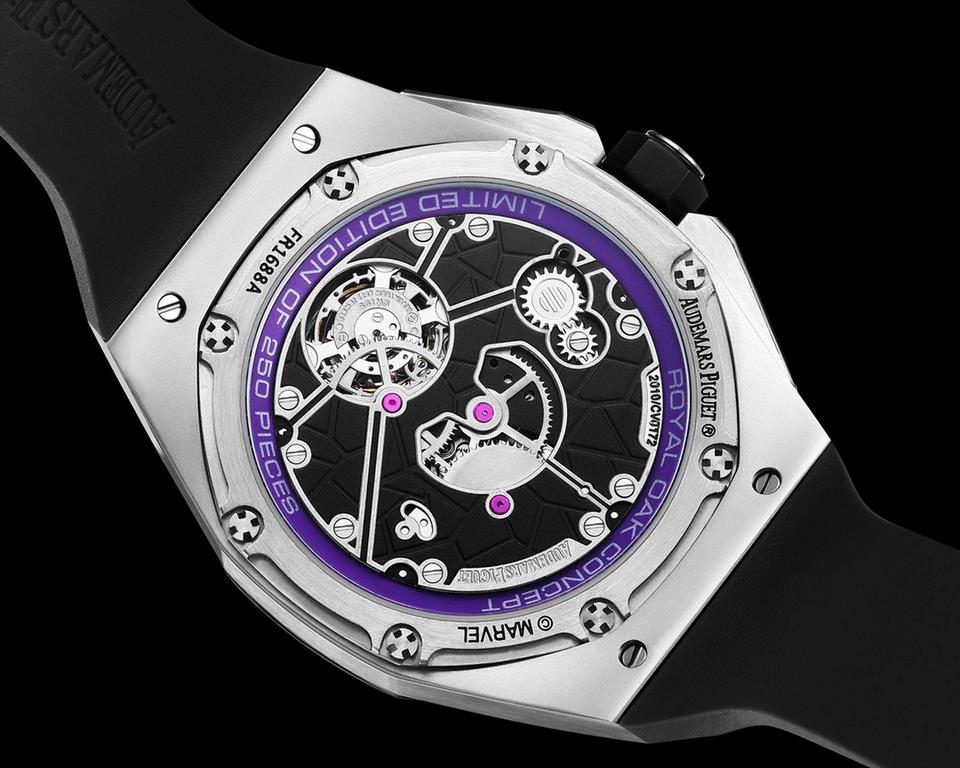 Audemars Piguet AP and Marvel's 26620 Black Panther, officially sold for $10,000 on the secondary market, is a 250-piece limited edition of the Royal Oak Concept Black Panther floating tourbillon, enhanced by a purple co