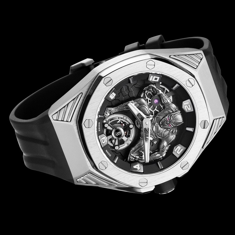 Audemars Piguet AP and Marvel's 26620 Black Panther, officially sold for $10,000 on the secondary market, is a 250-piece limited edition of the Royal Oak Concept Black Panther floating tourbillon, enhanced by a purple co