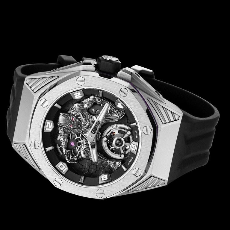 Audemars Piguet AP and Marvel's 26620 Black Panther, officially sold for $10,000 on the secondary market, is a 250-piece limited edition of the Royal Oak Concept Black Panther floating tourbillon, enhanced by a purple co