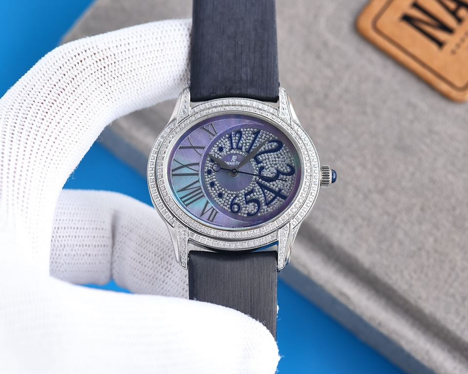 The AP Audemars Piguet Millenary 77303BC unisex watch (35mm) is a gorgeous watch that is full of design and looks great on the wrist. Dial material black mother-of-pearl and white mother-of-pearl dial decorated with a fl