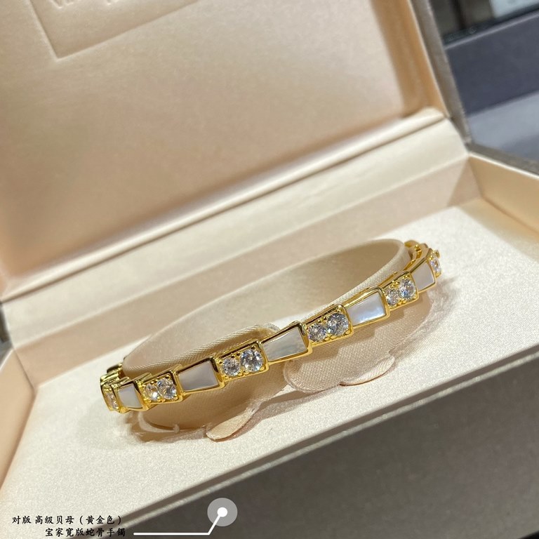 9 2  5  Sterling Silver (Yellow Gold Color) BVLGARI Bulgari Premium White Mother-of-Pearl Wide Snake Bone Bracelet   The delicate and alluring line design is adorned with bright diamonds   so that dominance can also be f