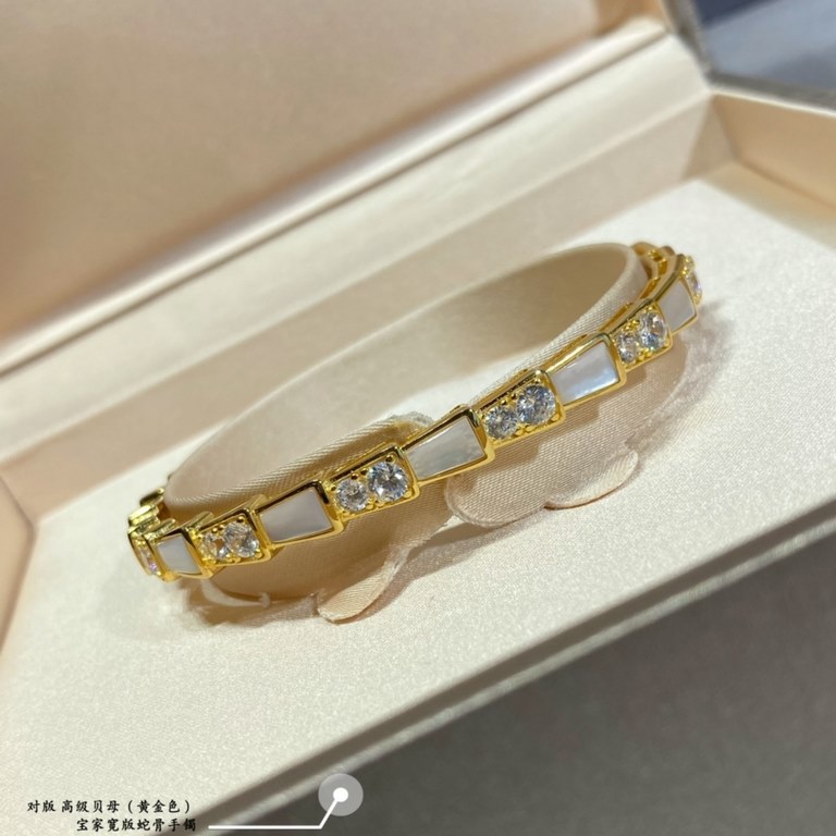 9 2  5  Sterling Silver (Yellow Gold Color) BVLGARI Bulgari Premium White Mother-of-Pearl Wide Snake Bone Bracelet   The delicate and alluring line design is adorned with bright diamonds   so that dominance can also be f