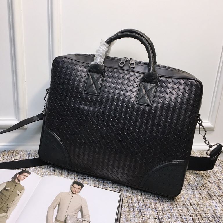 Premium Ostrich Leather Briefcase King  This smooth fetal cowhide quilted ostrich leather briefcase features classic styling with hand-woven details and ostrich leather trim. The fiber interior comes with a double zipper