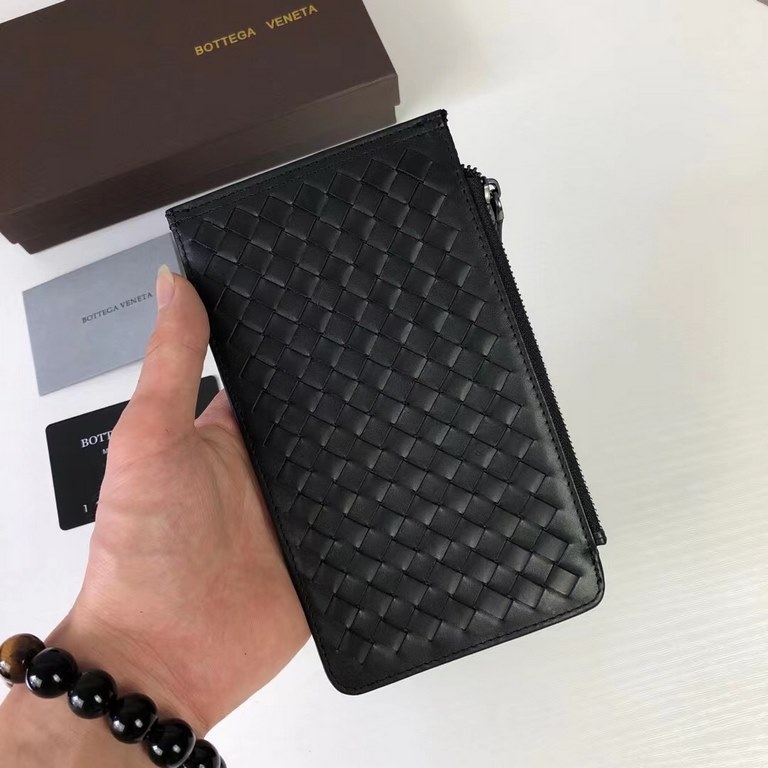 [with box] BV classic slim card case, using imported waxed calfskin, handmade, built-in 18 card positions, with zipper pocket, Model 188 #, Color black, Size 18  10  0.5cm