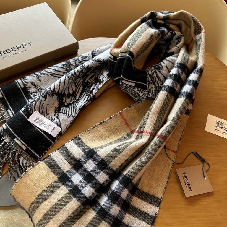 Burberry 23   New   Swan Scarf   Crafted from a selection of soft cashmere fabrics with the brand's oversized plaid and new-season art prints. Crafted from jacquard worsted, it is a vivid rendition of Burberry's iconic p