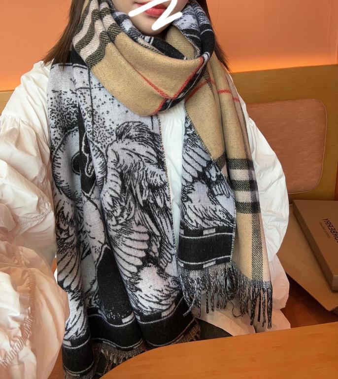 Burberry 23   New   Swan Scarf   Crafted from a selection of soft cashmere fabrics with the brand's oversized plaid and new-season art prints. Crafted from jacquard worsted, it is a vivid rendition of Burberry's iconic p