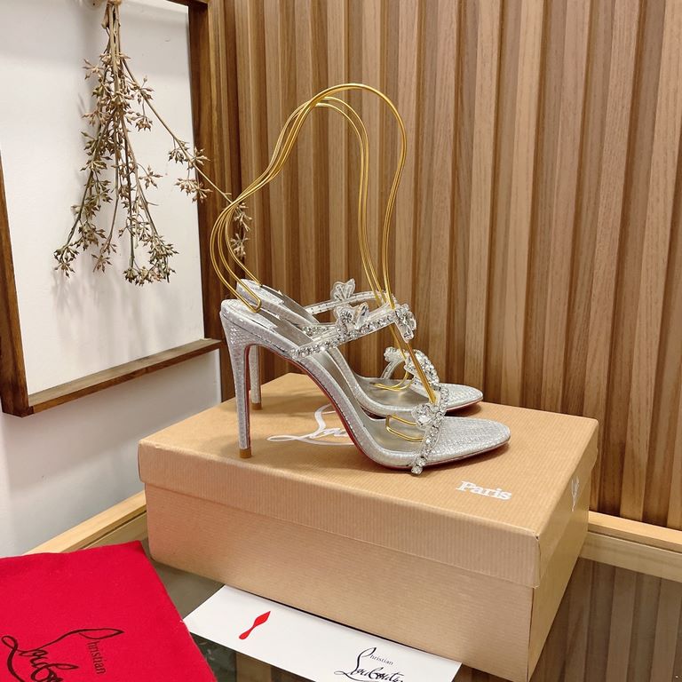 CounterChristian Loubouti 2022ss CL one-strap red crystal high-heeled sandals, the season's hot item, exquisite and elegant design, two PVC straps elegantly around the foot, and inlaid with jewel-like tiny crystals, l