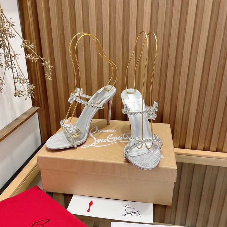 CounterChristian Loubouti 2022ss CL one-strap red crystal high-heeled sandals, the season's hot item, exquisite and elegant design, two PVC straps elegantly around the foot, and inlaid with jewel-like tiny crystals, l