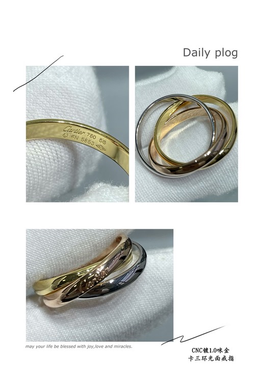 V gold material Cartier three rings without diamonds   Size 678. manpower a   ring embracing inlay Perfect interpretation of symmetrical aesthetics Elegant and generous. Ring butt Smooth ring arm Wear comfortably without