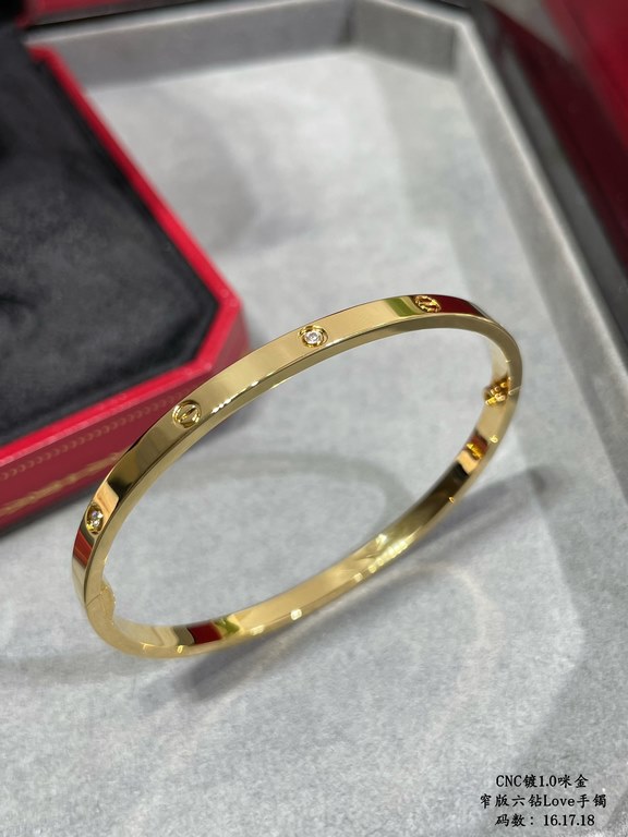 V gold plated 1.0 imitation gold CNC high definition Cartier narrow six diamond LOVE bracelet, code 16.17.18   High-grade craftsmanship Nail bit polished treatment Screwdriver opening design  90 degrees to screw the scre