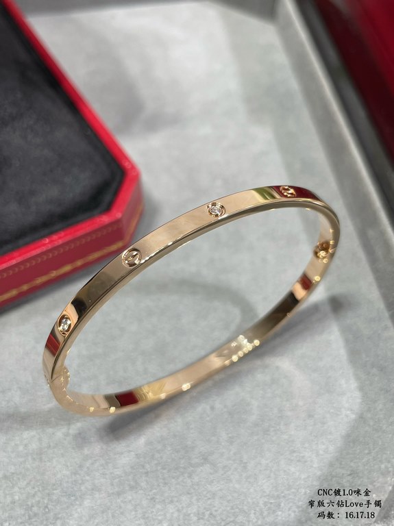 V gold plated 1.0 imitation gold CNC high definition Cartier narrow six diamond LOVE bracelet, code 16.17.18   High-grade craftsmanship Nail bit polished treatment Screwdriver opening design  90 degrees to screw the scre