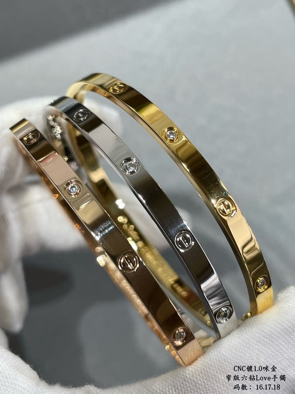 V gold plated 1.0 imitation gold CNC high definition Cartier narrow six diamond LOVE bracelet, code 16.17.18   High-grade craftsmanship Nail bit polished treatment Screwdriver opening design  90 degrees to screw the scre