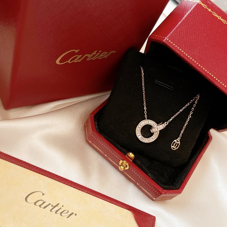 Cartier Cartier new Love series row diamonds double ring necklace Selected Germany imported s925 sterling silver material plating thick gold using 5a grade high carbon diamonds The highest version of the market need not 