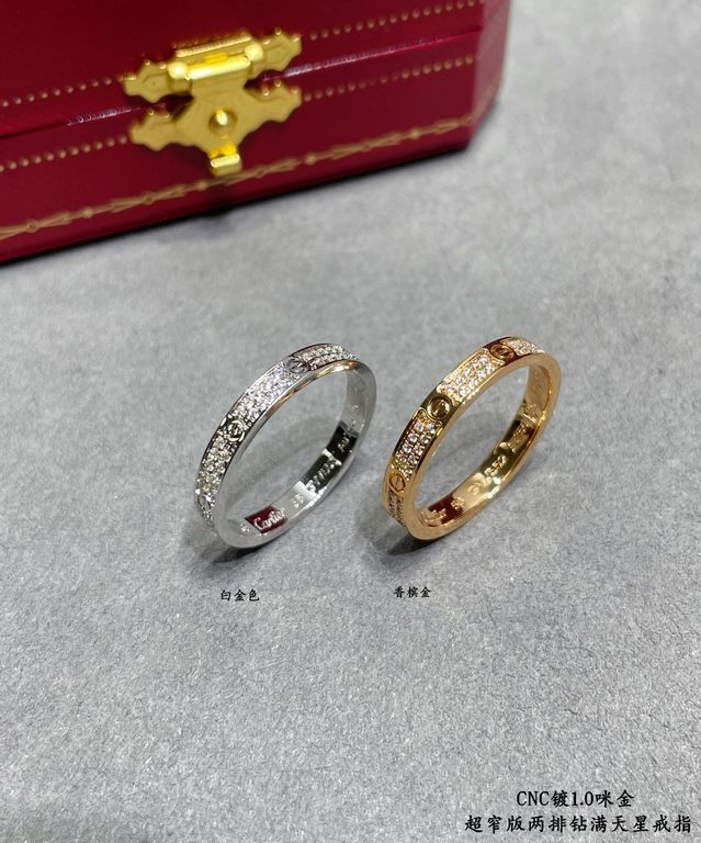 V gold plated with micronized gold Size 5678 Cartier CNC narrow two rows of diamonds full star ring   Each stone on the ring is hand-set Refractive refractive index is visible to the naked eye   V gold material plated wi