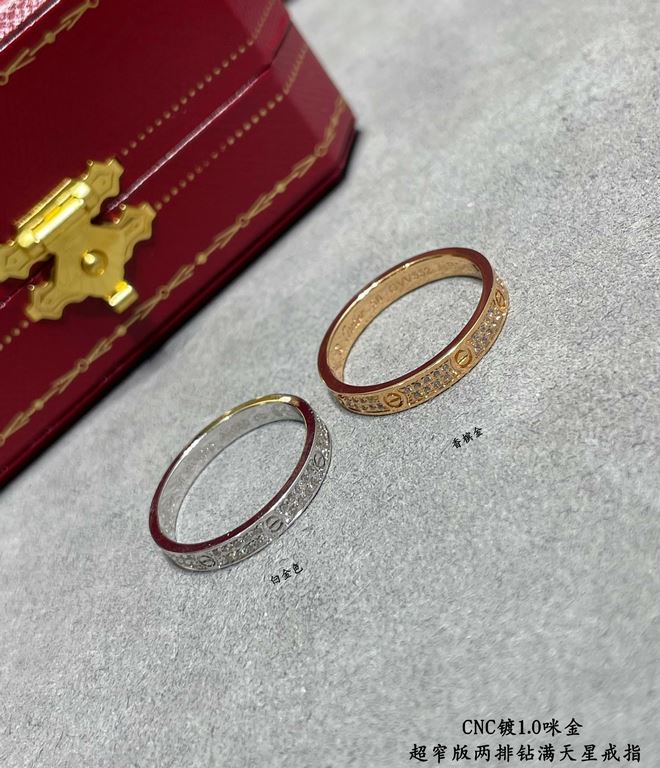 V gold plated with micronized gold Size 5678 Cartier CNC narrow two rows of diamonds full star ring   Each stone on the ring is hand-set Refractive refractive index is visible to the naked eye   V gold material plated wi