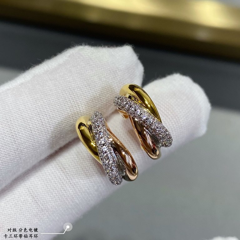 V Gold Material Split Color Plating Cartier Triple Hoop Earrings with Diamonds   Another classic, perfect interpretation of symmetrical aesthetics Elegant and generous. High wearing comfort It is also not easy to hook up