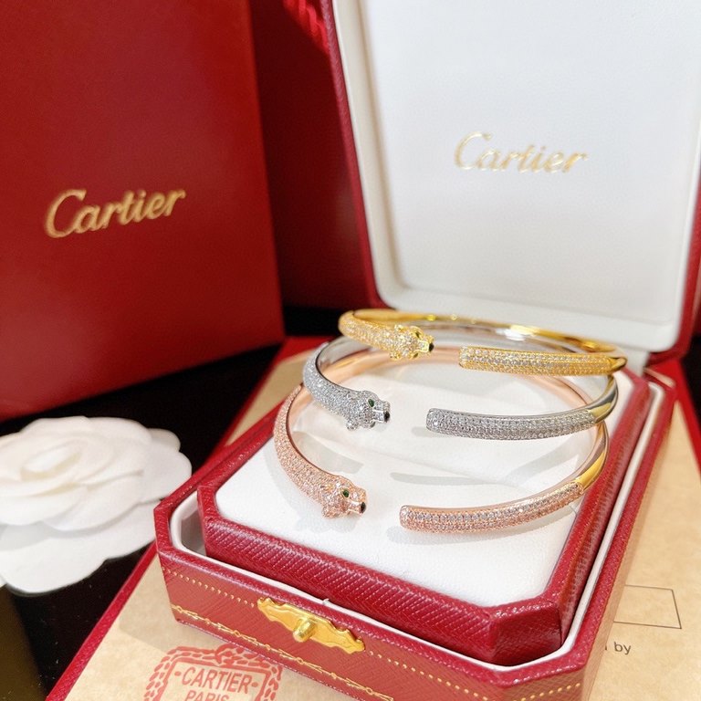 Cartier New Classic Timeless Leopard Collection Full of Diamonds Narrow Leopard Bracelet Selected V Gold Material Electroplated Micronized Ultra-fine workmanship Highest version on the market Rose Gold Platinum Yellow Go