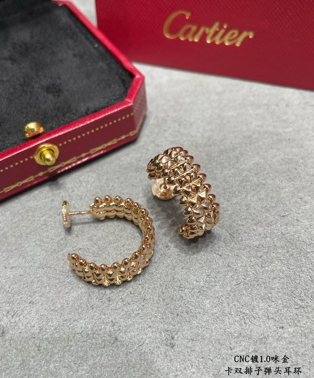 V gold plated 1.0 imitation gold Cartier CNC Double Row Bullet Earrings with Original Flying Saucer Earbuds    The two sides of the small willow nails can be free to sway, very personalized one. Eternal classic Very hot 