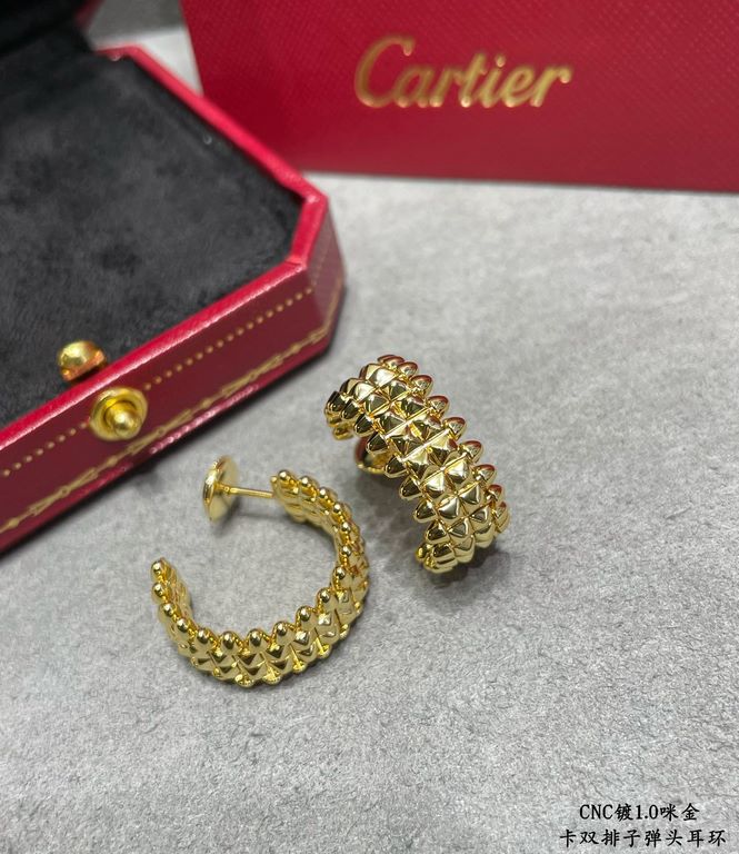 V gold plated 1.0 imitation gold Cartier CNC Double Row Bullet Earrings with Original Flying Saucer Earbuds    The two sides of the small willow nails can be free to sway, very personalized one. Eternal classic Very hot 