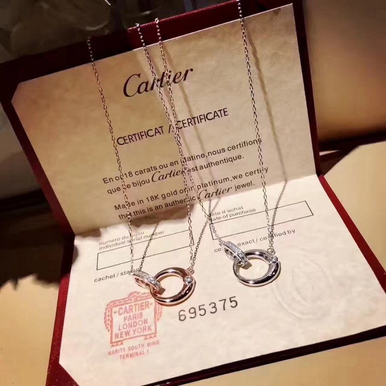 Cartier Double Ring Necklace   Two by two, to death, like you love each other   High quality Look at the details   New Cartier new crescent moon   double ring necklace   one side with a diamond clear wordmark  Selected G