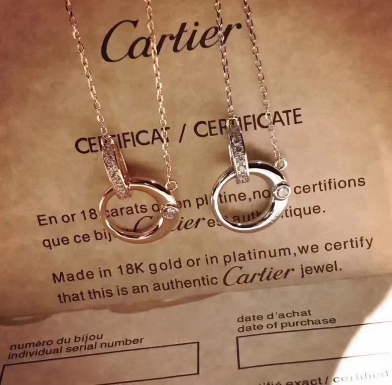 Cartier Double Ring Necklace   Two by two, to death, like you love each other   High quality Look at the details   New Cartier new crescent moon   double ring necklace   one side with a diamond clear wordmark  Selected G