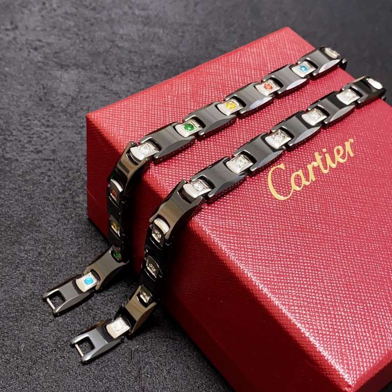 Cartier Cartier card family classic large white diamonds colored diamonds carbon black chain Large size men's 21Cm bracelet  Tank chain unisex models  Men and women can wear! Thick and high quality  zp replica 14K steel 