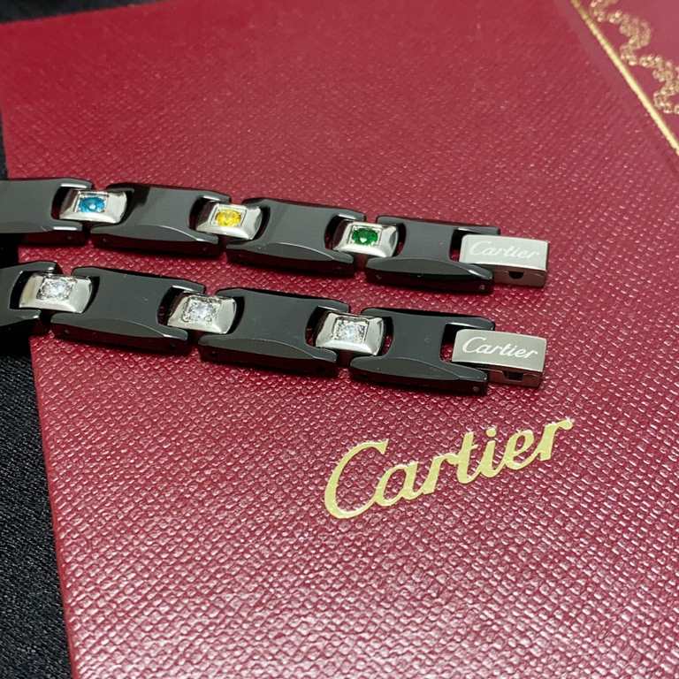 Cartier Cartier card family classic large white diamonds colored diamonds carbon black chain Large size men's 21Cm bracelet  Tank chain unisex models  Men and women can wear! Thick and high quality  zp replica 14K steel 