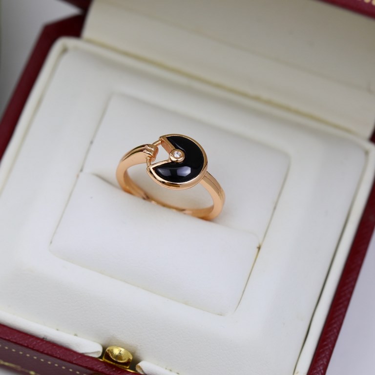 Cartier Amulette ring Inlaid with black onyx S925 sterling silver Engraved logo Plated 18k champagne gold color [Finished sterling silver version]   [925] Cartier Amulette ring ! Cartier Amulette de Cartier collection. A