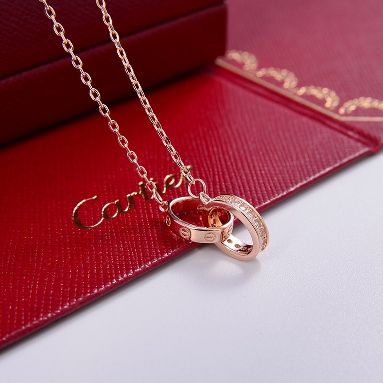 Classic Romantic  Cartier Cartier Double Ring Necklace Ring interlocked   like the love of love Symbolizing the declaration of love and love without end Major celebrities with the same high quality S925 silver gold-plate