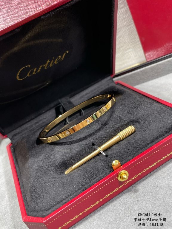 V gold plated 1.0 imitation gold, CNC high definition Cartier narrow version of the ten diamonds LOVE bracelet, size 16.17.18   High-level craftsmanship Nail bit polished treatment Screwdriver opening design  90 degrees 