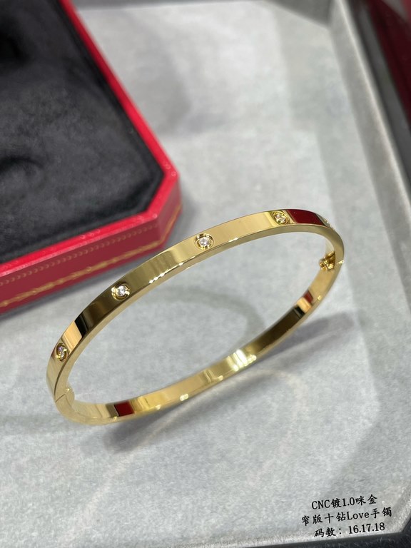 V gold plated 1.0 imitation gold, CNC high definition Cartier narrow version of the ten diamonds LOVE bracelet, size 16.17.18   High-level craftsmanship Nail bit polished treatment Screwdriver opening design  90 degrees 