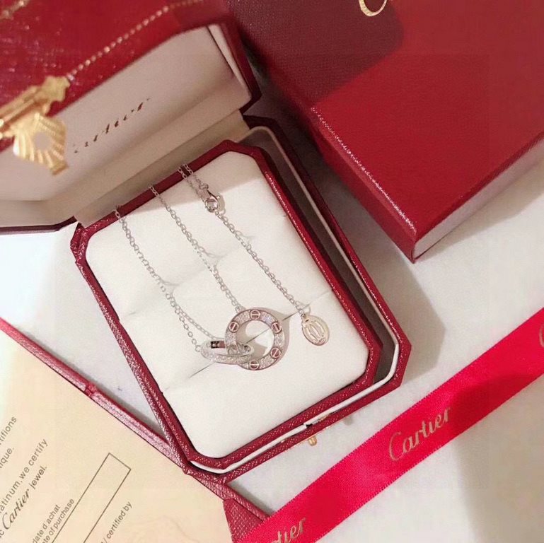 Cartier Cartier LOVE series size double ring full of diamonds reversible necklace Counter consistent cnc polishing process screws mark Selected German imports s925 sterling silver material plating thick gold classic time