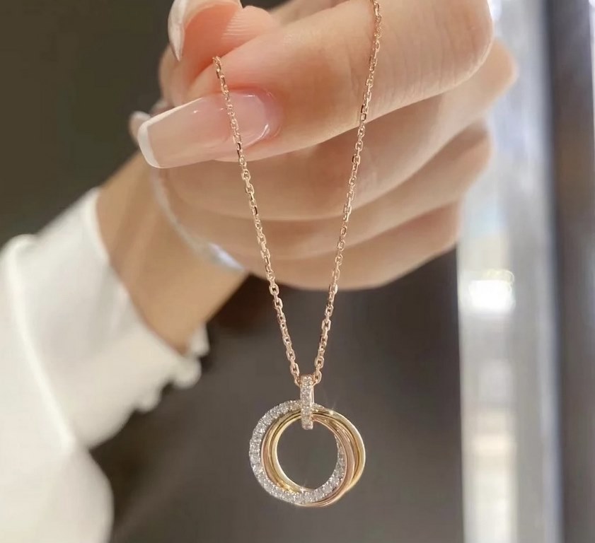 Cartier white diamonds tri-color triple ring necklace shipping S925 sterling silver crafted version with logo  [925 chain length 45cm adjustable with end tag