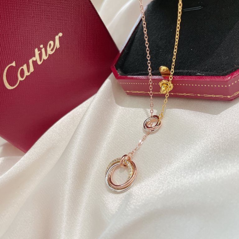 Cartier Cartier 21 years new Trinity series tricolor double ring tassel necklace classic durable, versatile Selected imported from Germany V gold material plating ultra-thick gold, authentic and consistent rose gold ultr