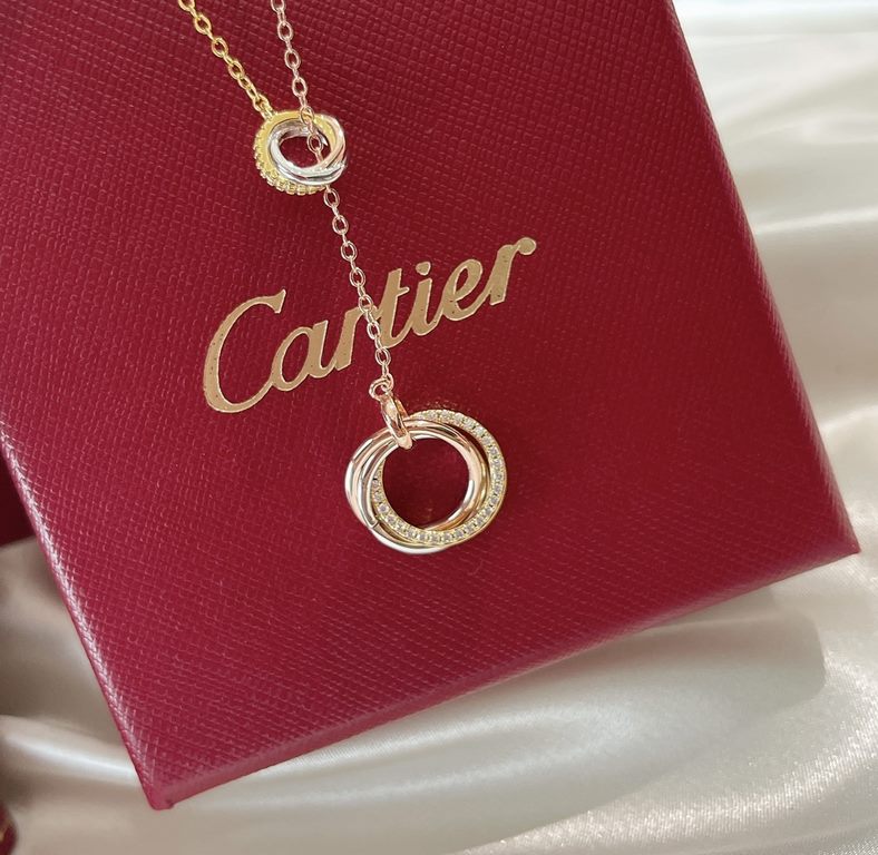 Cartier Cartier 21 years new Trinity series tricolor double ring tassel necklace classic durable, versatile Selected imported from Germany V gold material plating ultra-thick gold, authentic and consistent rose gold ultr