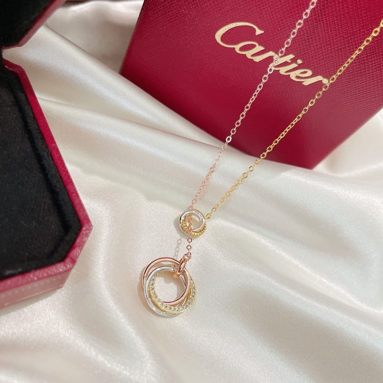 Cartier Cartier 21 years new Trinity series tricolor double ring tassel necklace classic durable, versatile Selected imported from Germany V gold material plating ultra-thick gold, authentic and consistent rose gold ultr