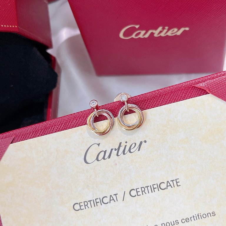 High-end customized Cartier 21 years new three ring series tricolor three ring single diamond earrings   noble and elegant  net red small male fashion people must have     imported top V gold material plating thick gold 