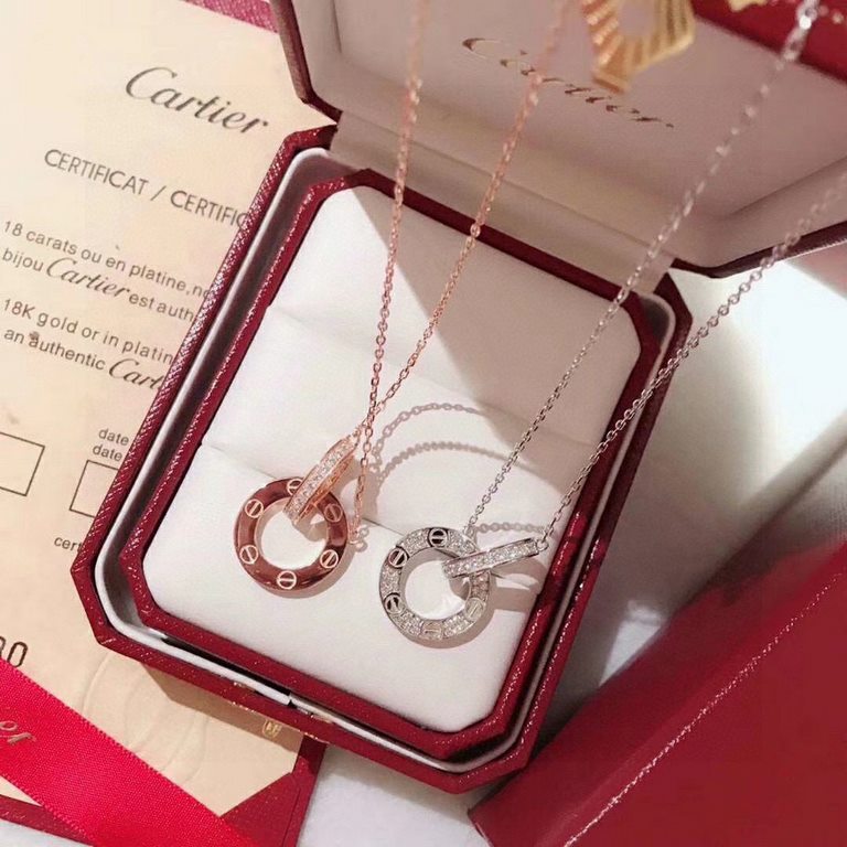 Cartier Cartier LOVE series size double ring full of diamonds reversible necklace Counter consistent cnc polishing process screws mark Selected German imports s925 sterling silver material plating thick gold classic time