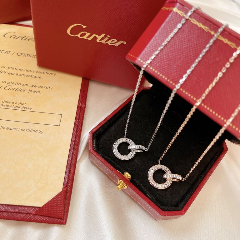 Cartier Cartier new Love series row diamonds double ring necklace Selected Germany imported s925 sterling silver material plating thick gold using 5a grade high carbon diamonds The highest version on the market No need t