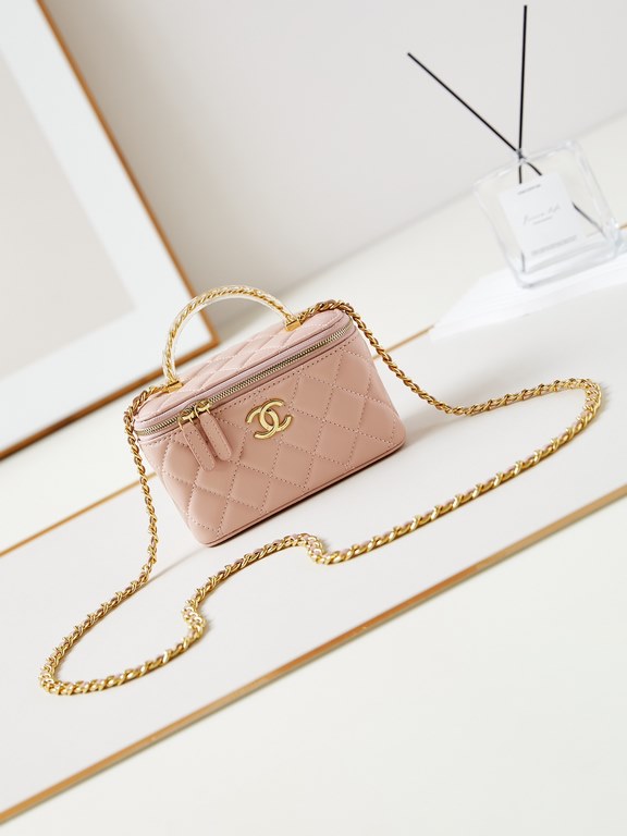 . 24A Limited Edition Gold Chain Gold Transparent Tote Long Box Bag Cosmetic Slanting Bag with Gold Transparent Handle Lambskin Brushed Metal Hardware, Handle Exquisite and Noble, Hand Carry Slanting Shoulder All Look Go