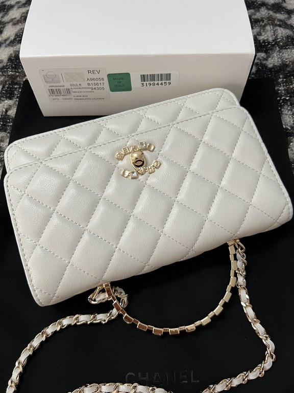 A96058 Chanel 24C Limited Edition Rhinestone Letter Handle Long woc Cosmetic Crossbody Bag With Drill Handle Lambskin Brushed Metal Hardware, Logo Letter Handle Exquisite and Noble, Buckle Cover Part of the Leather Wear 