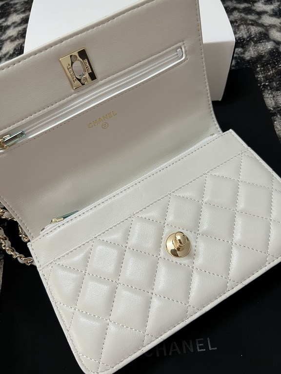 A96058 Chanel 24C Limited Edition Rhinestone Letter Handle Long woc Cosmetic Crossbody Bag With Drill Handle Lambskin Brushed Metal Hardware, Logo Letter Handle Exquisite and Noble, Buckle Cover Part of the Leather Wear 